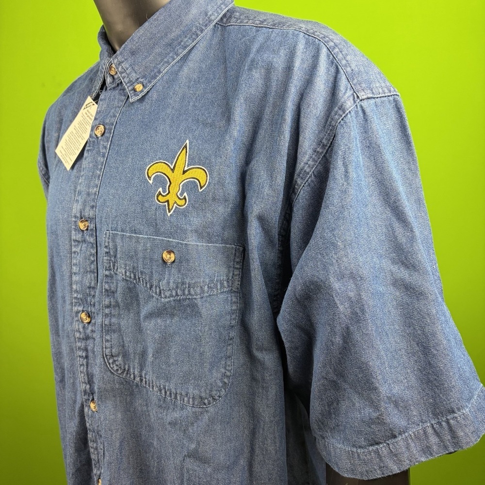 New Orleans Saints Denim Shirt Mens XL Short Sleeve Button Up Fleur De Lis NOLA